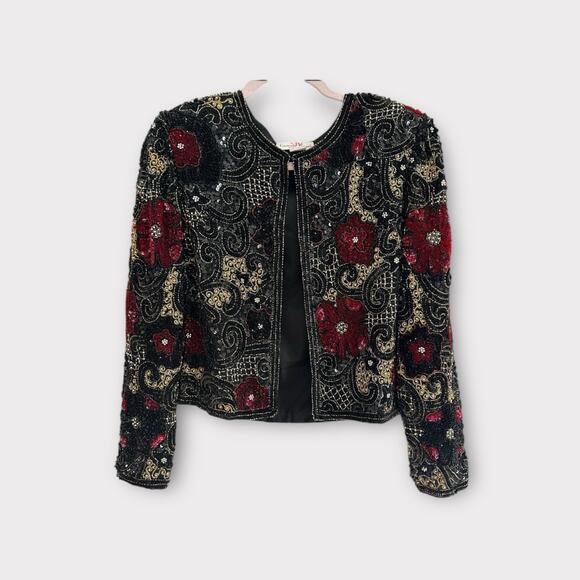 Vintage 90s Laurence Kazar New York Boho Floral Sequence Crop Jacket Rare - Picture 13 of 13